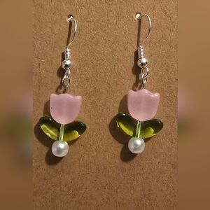Handmade Pink and Green Floral Earrings
